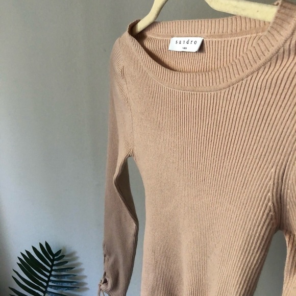 Sandro Blush Wool Blend Long Sleeve Knit with Lace Up Sleeves S - Picture 7 of 9